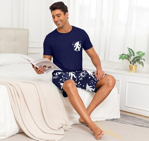 Image of PrinStory Mens Summer Pajamas Set Lightweight Pjs Sets Short Sleeve Pajama Shorts Set Soft Sleepwear Loungewear with Pockets
