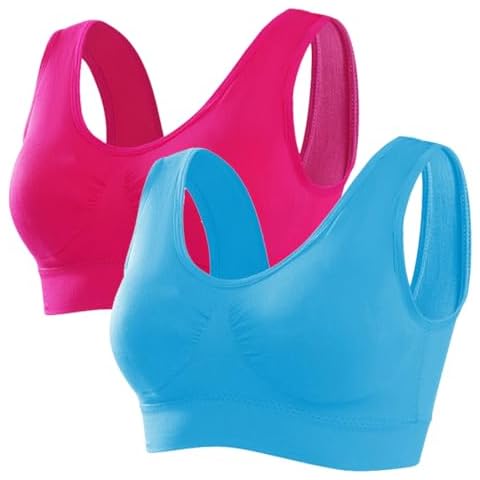 Memoryee Sports Bras Women 2 Pack Set Plus Size for Large Breasts Non Wired Inserts Washable Padded Push Up Multipack Vest Crop Top for Yoga Running Jogging Gym Rose Red+Sky Blue XXL Cover