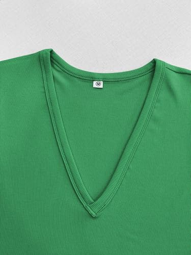 Image of Albe Rita Women Short Sleeve T-Shirt Cap V Neck Shirts for Women Ribbed Casual Top Knit Slim Fit for Summer