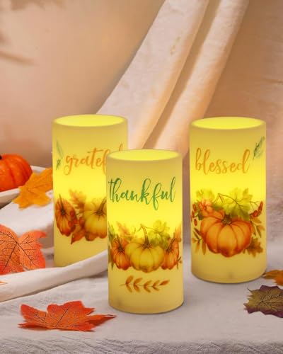 Image of 3 Pcs Pumpkin Flameless Candles with Timer Remote | Orange Maple Leaf Lights for Thanksgiving Theme Decor Autumn Fall Harvest Bathroom Decorations