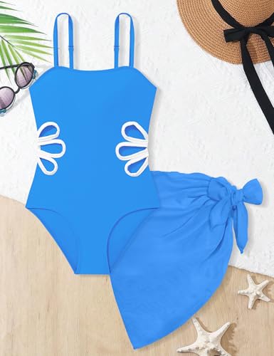 Image of Girls Swimsuit Adjustable Straps Cut Out One Piece Bathing Suit with Solid Color Cover Up Skirt Girls' Swimwear 5-16Y