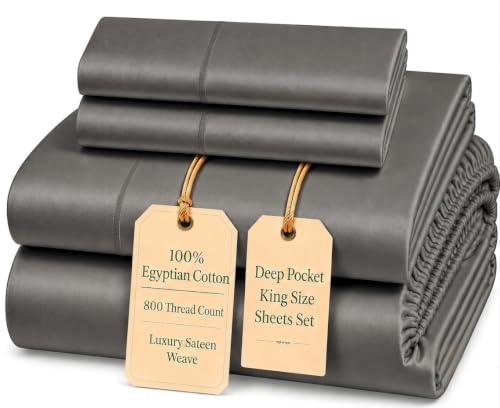 Image of King Sheet Set, 800TC Egyptian Cotton King Size Bed Sheets - Granite Grey | 15 inch Deep Pocket, Super Soft, Luxury Sateen Weave, Breathable Cotton Sheets King Size for Hotel-Quality Comfort Every Night
