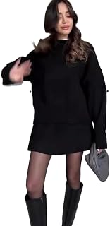 VIDI College style knitted top and short skirt set, autumn and winter women's loose sweater, hip hugging skirt two-piece set