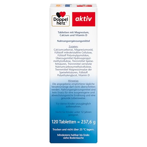 Doppelherz Magnesium + Calcium + D3 - Magnesium als Beitrag für die Muskelfunktion und zum Erhalt normalen Knochen - 120 Tabletten