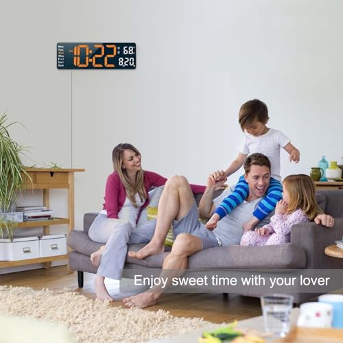 Image of 13 inch Plastic Digital Wall Clock - Large Orange & White LED Display, Remote Control, Auto Brightness Dimmer, Date, Day & Temperature Display - Ideal for Living Room, Office, Gym, Shop