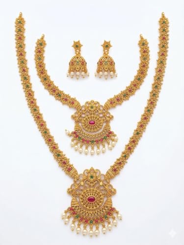 Image of South Indian Traditional Antique Matte Gold Finish Goddess Lakshmi & Peacock Motif Long Necklace Set with Jhumka Earrings for Women | Ethnic Temple Jewellery for Weddings, Brides & Festivals (Ghummar)