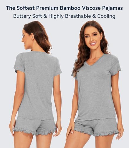Image of WiWi Womens Pajamas Set Bamboo Viscose Super Soft Short Sleeve Top Ruffle Shorts Sleepwear Cooling Pj Sets S-XXL