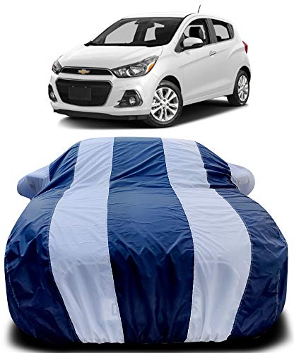 Image of PURPLEHEART Compatible with Chevrolet Spark Car Cover Body with Mirror Pocket Triple Stitched Bottom Elastic Water Resistant UV Protection & Dustproof Car Cover-Blue & White