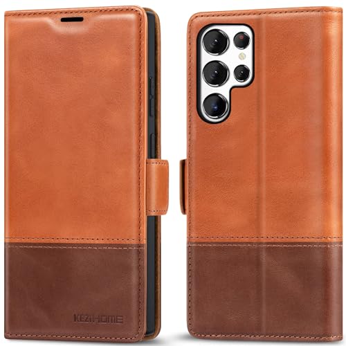KEZiHOME for Samsung Galaxy S24 Ultra Case, Genuine Leather [RFID Blocking] Galaxy S24 Ultra Wallet Case, Card Slot Flip Kickstand Magnetic Phone Cover Compatible with Samsung S24 Ultra (Kha