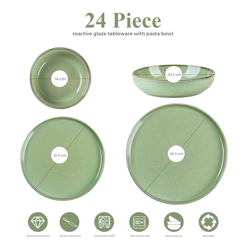 GBhome Geschirrset 4 Personen, 12-tlg Reaktive Glasur Handarbeit Steingut Geschirr Set, Mikrowellen- & Spülmaschinenfest Schüssel- und Teller Set, Pastellgrün, GDW067GN-EU