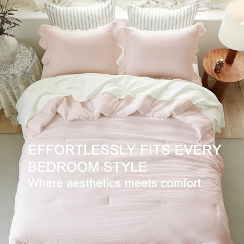 Image of Pink Ruffle Comforter Set Queen, Pre-Washed Shabby Chic Bedding Set, Lightweight Cottagecore Soft Romantic Cozy 1 Comforter & 2 Shams, All-Season