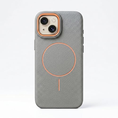 Image of amazon basics Luxury MagSafe Compatible Leather Texture Back Cover for iPhone 13 | Raised Camera Protection | Slim Fit Shockproof Case with Metallic Accents (Gray)