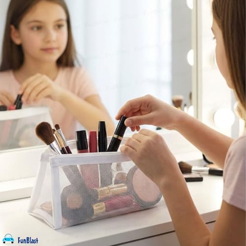 Image of FunBlast Mesh Pencil Case with Smooth Zipper, Single Layer Multi-Purpose Stationary & Pen Pouch for Boys & Girls, Transparent Stationary Bag, Organizer Pouch for Student (White-C)