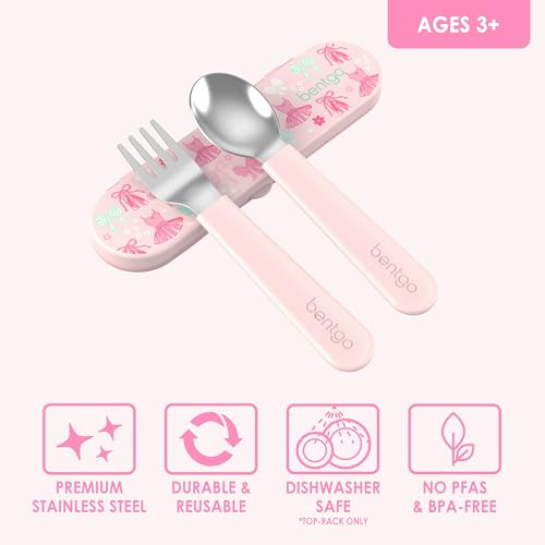 Image of Bentgo Kids Stainless Steel Utensil Set - Reusable Fork, Spoon & Storage Case, PFAS- & BPA-Free, Easy-Grip Handles, Lightweight, Dishwasher Safe, School Lunch, Travel & Outdoors (NEW Ballet and Bows)