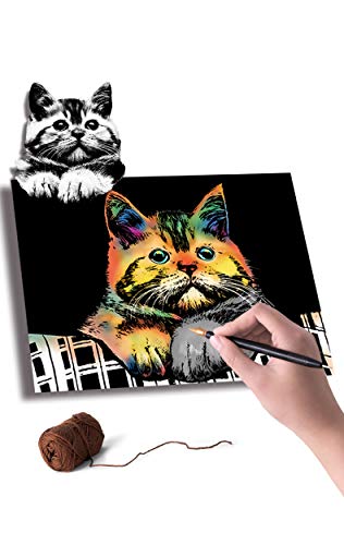 Scratch & Sketch Art Paper A4 for Kids & Adults, Rainbow Painting Night View Scratchboard, Art&Craft, Engraving Art Set: 8 Sheets Scratch Cards & Scratch Drawing Pen, Clean Brush (8Pack) (C) - Thumbnail 3
