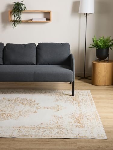 Interiyou Alfombra vintage Gante - 60 x 120 cm color crema/amarillo - diseño vintage de pelo corto para sala de estar, dormitorio, lavable y antideslizante, patrón impreso