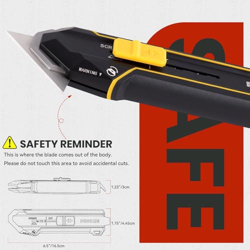 Image of PINOZE Utility Knife Scraper, 3-in-1 Retractable Box Cutter with Lanyard & Blade Storage, Heavy Duty Zinc Alloy Multi-functional Knife with 10pcs SK2 Blades, EDC Tool for Home, Office, DIY