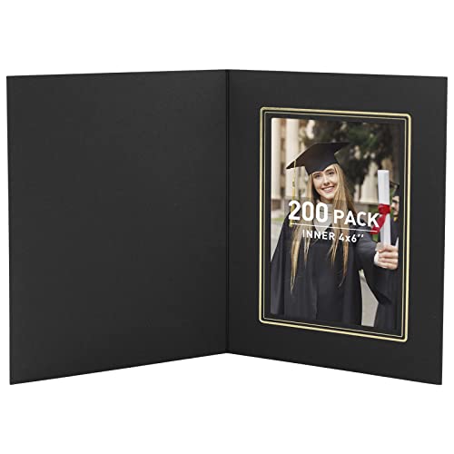 Golden State Art, Pack Of 200, 4X6 Photo Folders, Cardboard Picture Frame, Paper Photo Frame Cards, Greetings/Invitation Cards, Special Events: Graduation, Christmas, Wedding(Black With Gold Lining) #TOP6