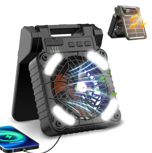 Ventilador Solar Camping con Luces, Ventilador Portatil de Mesa USB Recargable 8000 mAh Ventilador Sobremesa con Panel Solar, 4 Velocidades y 3 Timer para Viaje Pesca Oficina Corte de Energía