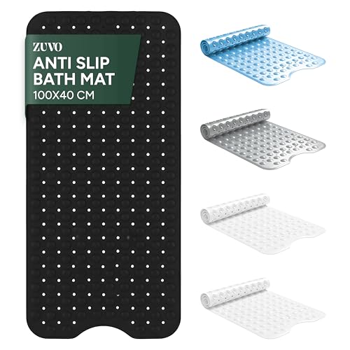 Zuvo -Extra Long Bath Mat (100 X 40cm, Black) - Shower Mat Non Slip Anti Mould, Machine Washable Rubber Shower Mat with Powerful Suction Cups for Kids and Elderly