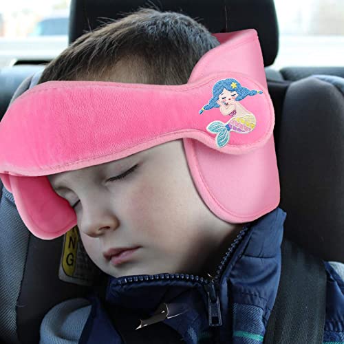 LETTON Car Seat Head Support for Child, Adjustable Head Band Strap Headrest, Safe, Comfortable Head & Neck Pillow Support Solution– Baby & Kids Travel Accessories (Pink with mermaid Pattern) - Thumbnail 2