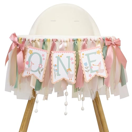 One Happy Goose High Chair Banner - Sweet 1st Birthday Party Decorations Colorful Highchair Garland with Bow Ribbon Little Goose First Birthday Banner Photo Props Fun Geese Lawn Party Supplies