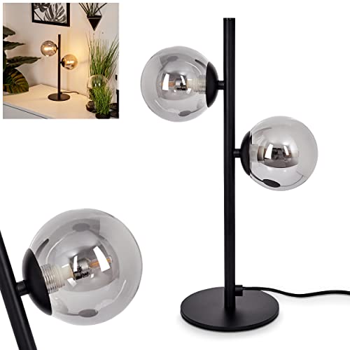 Tischleuchte Remaisnil, moderne Tischlampe aus Metall/Glas in Schwarz/Rauchfarben, Nachttischlampe m. An-/Ausschalter am Kabel u. Schirmen aus Glas (Ø 11 cm), 2-flammig, 2 x G9, ohne Leuchtmittel