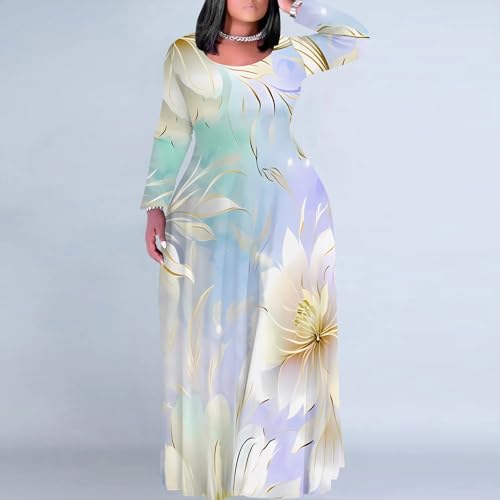 Image of PinkPatty Plus Size Maxi Dresses for Women Long Sleeve Crew Neck Sundress Casual Fall Dress with Pockets