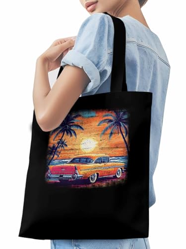 Canvas Tote Bag, Beach Palm Tree Car Sunset Orange Sky Aesthetic Canvas Tote Handbags for Women Shoulder Bag,3