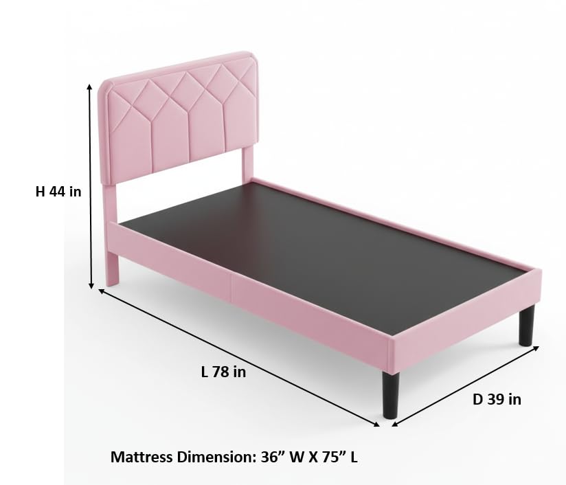 Image of APRODZ Twin Size Bed | Upholstered Bed Frame with Channel Tufted Headboard | Bed Twin Size Wooden Legs | Double Bed King Size Without Storage | Bedroom Furniture | Pink Fabric & Black Wooden Legs