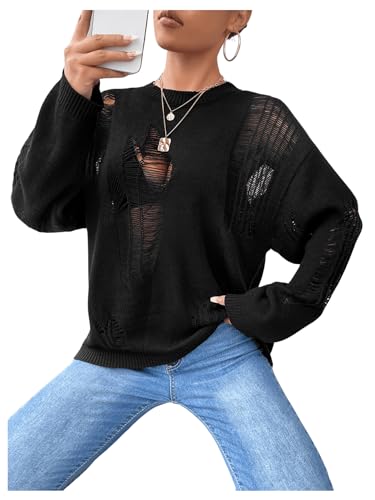 GORGLITTER Women's Gothic Top Distressed Sweater Ripped Drop Shoulder Sweater Long Sleeve Round Neck Pullovers Top4