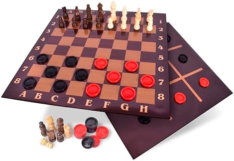 Elbow Room Games 3-in-1 Game Set, Chess, Checkers & Tic Tac Toe with Reversible Board and Instructions, Classic Strategy Fun for All Ages, 2+ Players