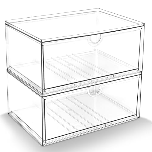 Image of Prsildan Acrylic Makeup Organizer, 2 Pack Stackable Clear Storage Drawers for Baby Bottles Desk Organizers with 2 Drawers for Countertop Vanity Nursery Modular System for Cosmetics Jewelry