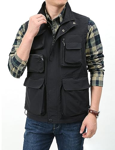 Vanchenl Herren Casual Leichtgewicht Utility Weste Outdoor Angeln Safari Gilet Cargo Schießen Reise Weste mit Taschen Schwarz L