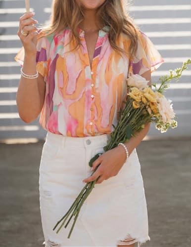 ZESICA Women's Summer Floral Blouse 2026 Flutter Short Sleeve Botton Down Chiffon Shirts Casual Boho Tops Trendy Outfits Yellow Purple X-Large — view 4