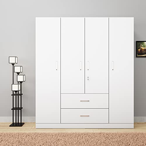 Image of VIKI Wardrobe | Wooden Almirah for Clothes,Door for Bedroom, 4 Door Wardrobe with Drawer & Hanging Space (Frosty White - 40D x 160W x 180H) | 1 Year Warranty | Free Assembly