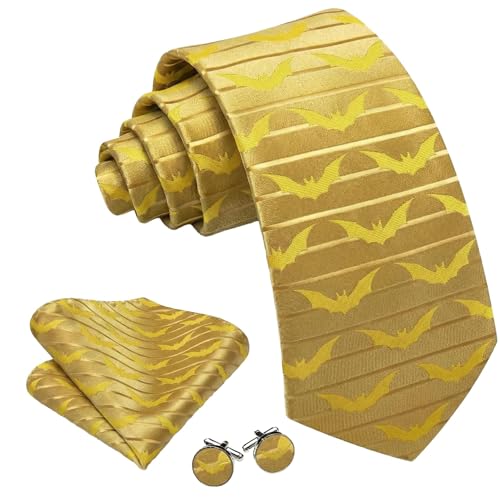 Image of Barry.Wang Man Tie Sets Batman Extra Long Necktie Silk Woven Handkerchief Cufflinks Festival Party Gift Gold