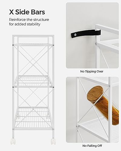 Image of SONGMICS 3-Tier Metal Storage Rack with Wheels, Mesh Shelving Unit with X Side Frames, 31.5-Inch Width, for Entryway, Kitchen, Living Room, Bathroom, Industrial Style, White UBSC183W01