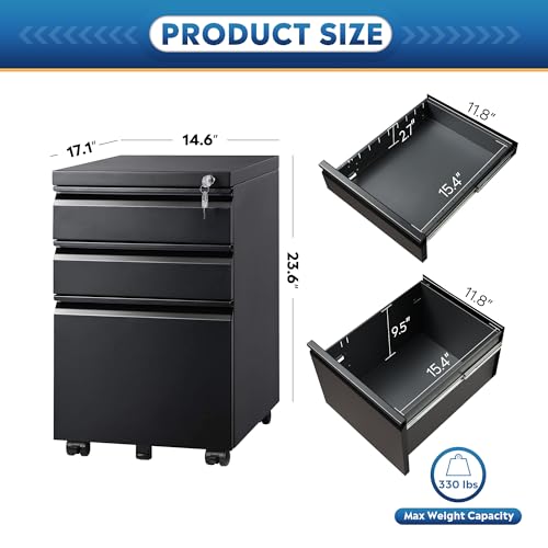 Image of DEVAISE 3 Drawer Mobile File Cabinet with Lock, Under Desk Metal Filing Cabinet for Home Office /Legal /Letter /A4 File, Fully Assembled Except Wheels, Black