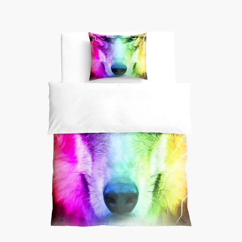 Hixingo Lindo Ropa de Cama 2 Piezas para Niños,3D Lobo Estampado Funda Nordica y Funda de Almohada,Ropa de Cama de Microfibra (Color Degradado,120x150+40x60 cm)