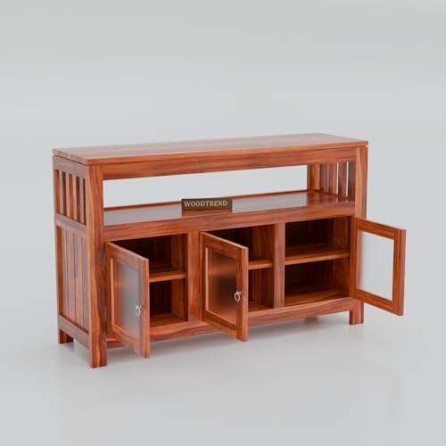 Image of Solid Wood Sideboard Cabinet for Living Room | Wooden Storage Cabinet with Acrylic Glass Doors & Open Shelf (Honey Finish)