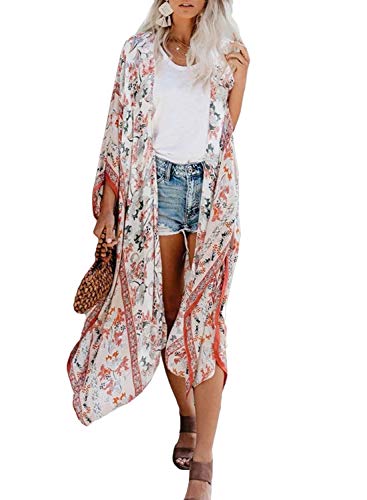 Dokotoo Kimonos for Women Fashion 2020 Summer Beach Lightweight Swimwear Cover Up 3/4 Sleeve Open Front Bohomian Floral Printed Long Kimono Cardigans White