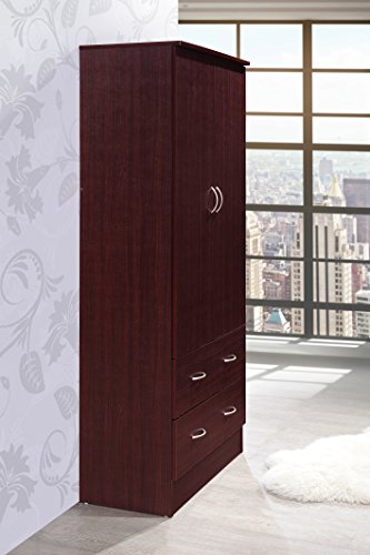 Hodedah Two Door Wardrobe, with Two Drawers, and Hanging Rod, Mahogany