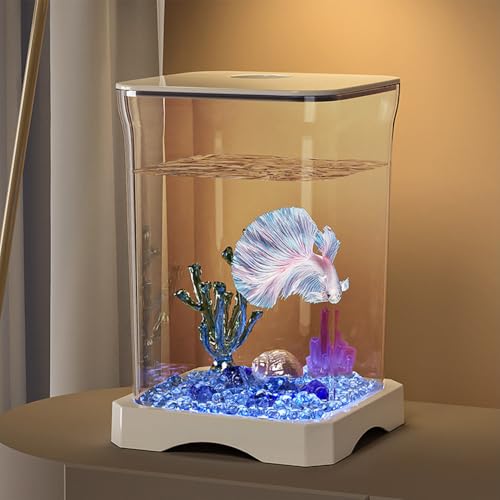 Partslety Fish Tank Betta Fish Tank Aquarium Starter Kit Mini Desktop Rectangular Fish Tank with Top Feeding Hole Built-in Bottom Light Tabletop Decoration for Betta Fish White Tank Atmosphere Light