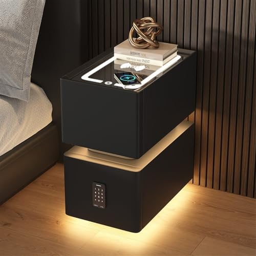 HJYBFA Mesita de Noche Estrecha con Luces LED de 3 Colores, Cerradura Inteligente con contraseña Carga inalámbrica, Espacios pequeños (Negro, 35 x 39 x 48 cm)
