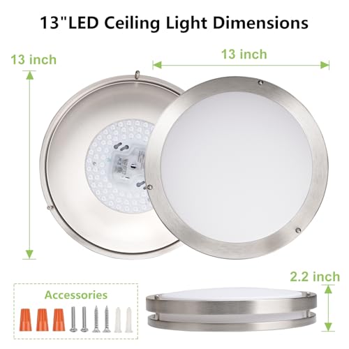 Image of Flush Mount Ceiling Light - 4 Pack 13″‌ 36W 3000K /3500K /4000K /5000K /6000K Dimmable Led Ceiling Light Fixture for Kitchen Hallway Bedroom Bathroom (4, Brushed Nickel, 13)
