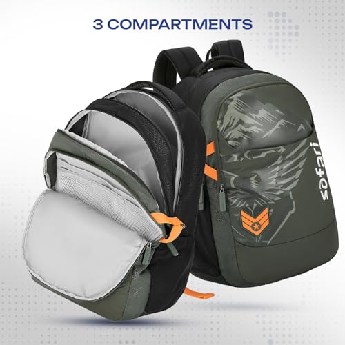 Image of Safari Terra 3 37L Casual Printed Backpack, School Bag for Boys and Girls, Travel Bag for Men and Women, 3 Compartments, Raincover, Armour Base, Organiser, Bottle Holder, Front Pocket, Olive