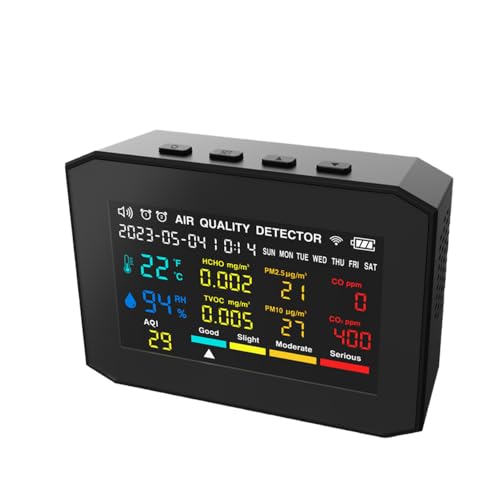 Preshwous 10-in-1 Air Quality Monitor Indoor, 2400mAh Air Quality Detector with Time Date Display and Alarm Clock, CO2 Monitor with Adjustable Light