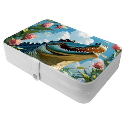 Boîte à bijoux motif crocodile mignon et fleur avec compartiments intérieurs