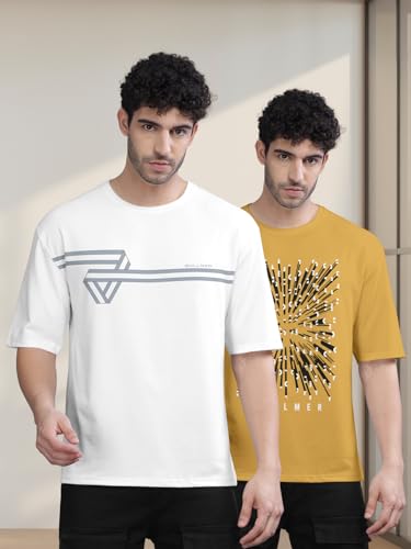 Image of BULLMER Trendy Front and Back Printed Oversized Round Neck T-Shirt for Men - Pack of 2